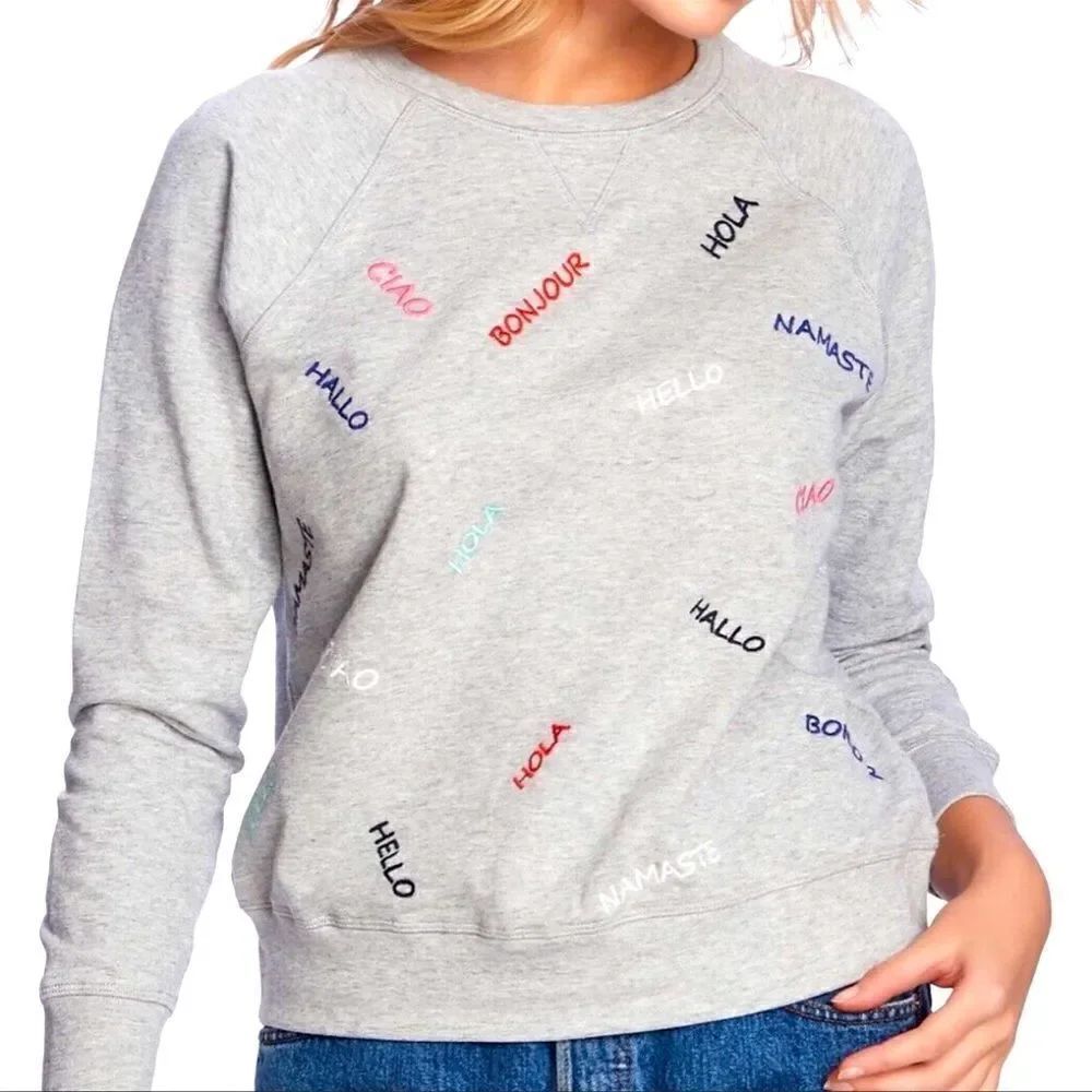 Court & Rowe XS “Hello” in Many Languages Embroidered Crewneck Gray Sweatshirt